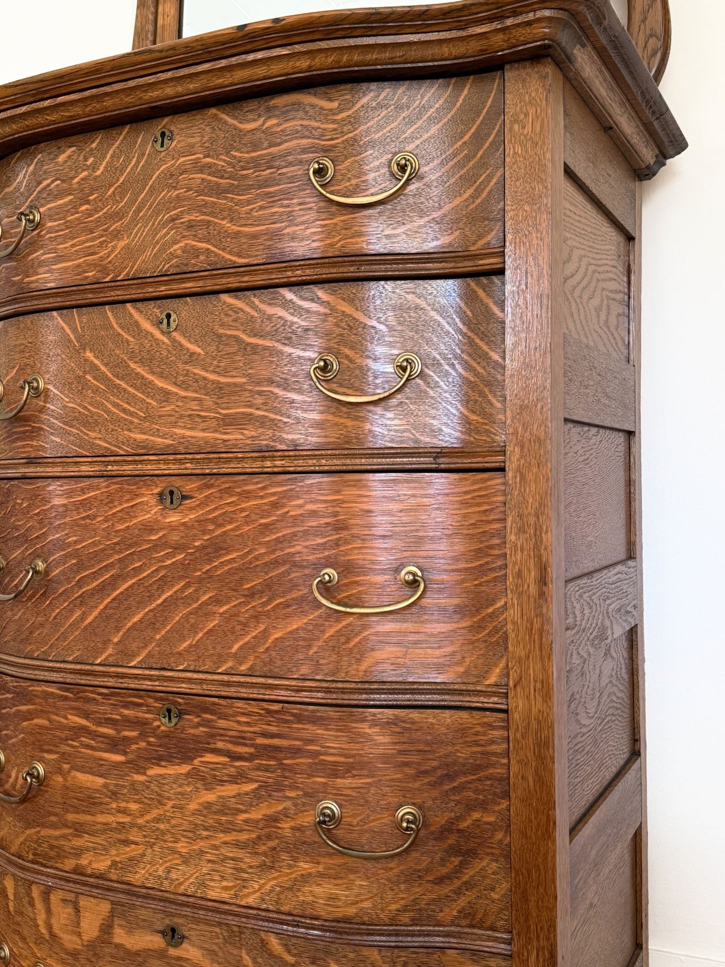 Tiger Oak Serpentine Dresser with Mirror - Circa 1900