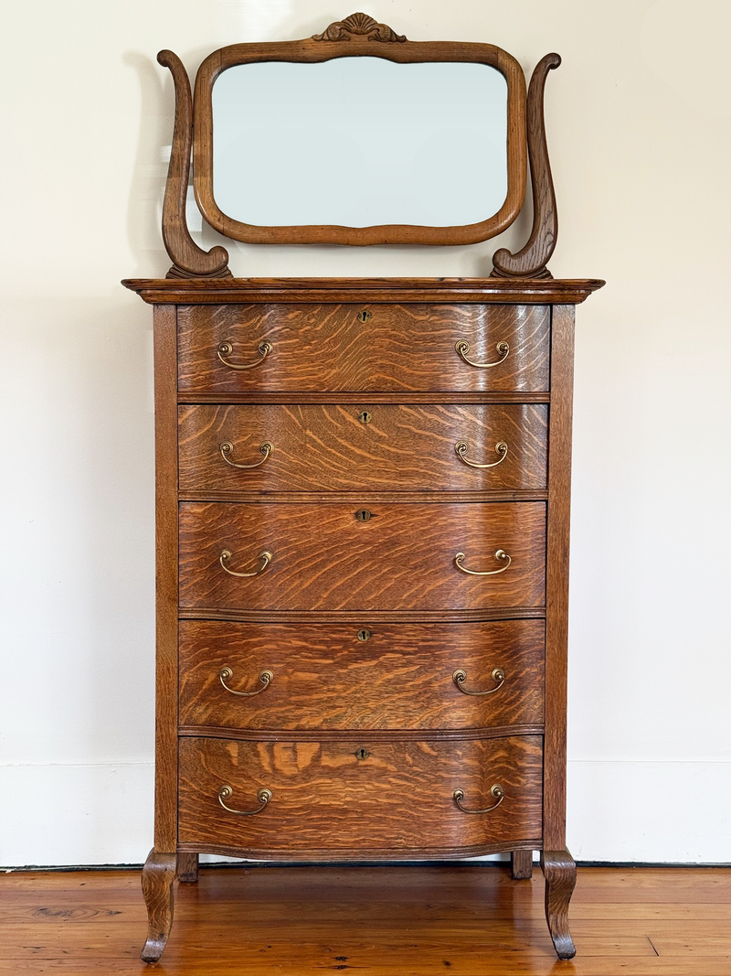 Tiger Oak Serpentine Dresser with Mirror - Circa 1900