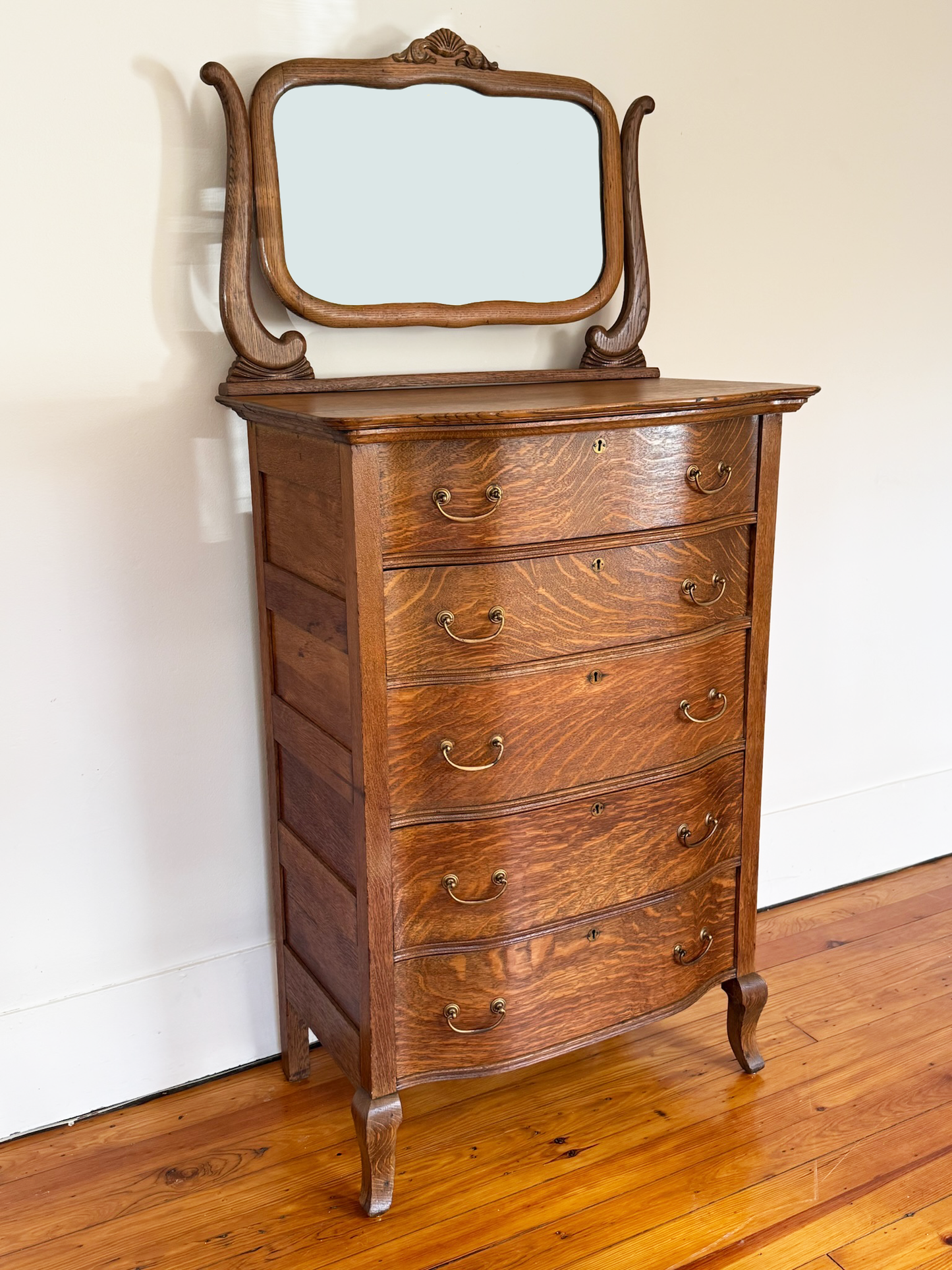 Tiger Oak Serpentine Dresser with Mirror - Circa 1900