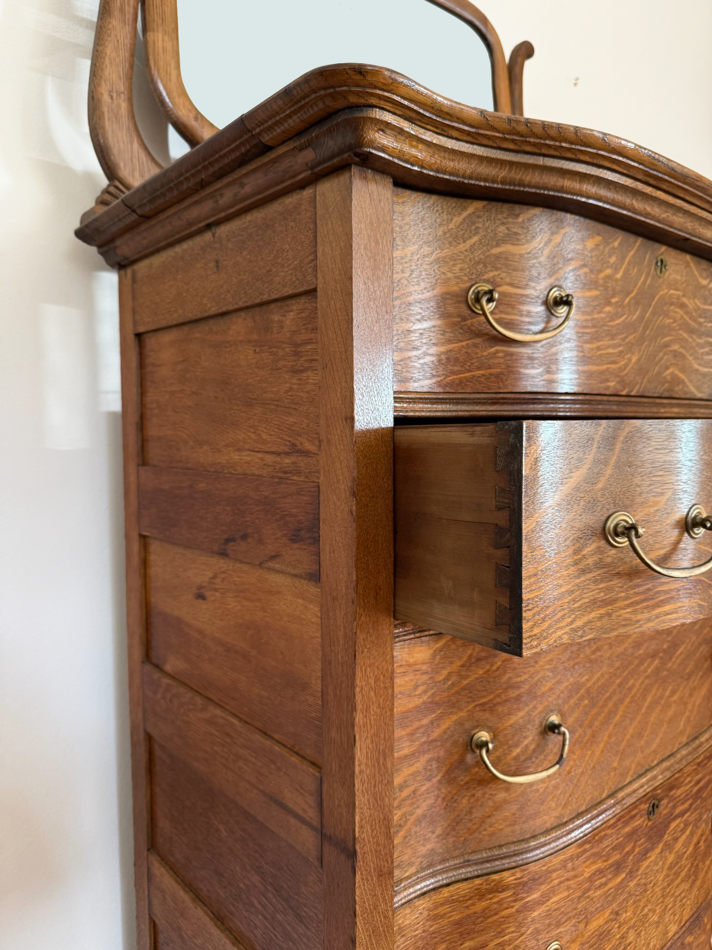 Tiger Oak Serpentine Dresser with Mirror - Circa 1900